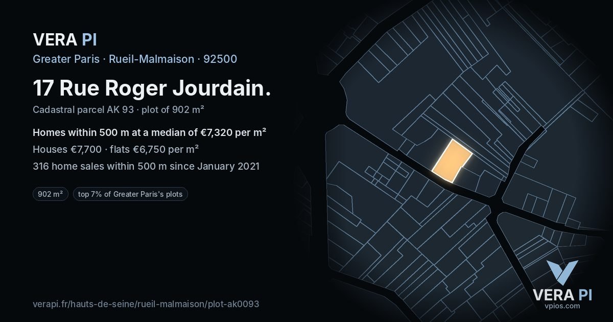 17 Rue Roger Jourdain, Rueil-Malmaison at night – the plot lit, the parcels around coloured by the prices near them