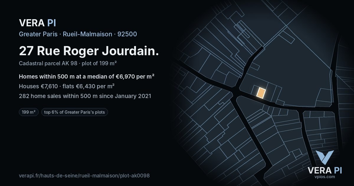 27 Rue Roger Jourdain, Rueil-Malmaison at night – the plot lit, the parcels around coloured by the prices near them