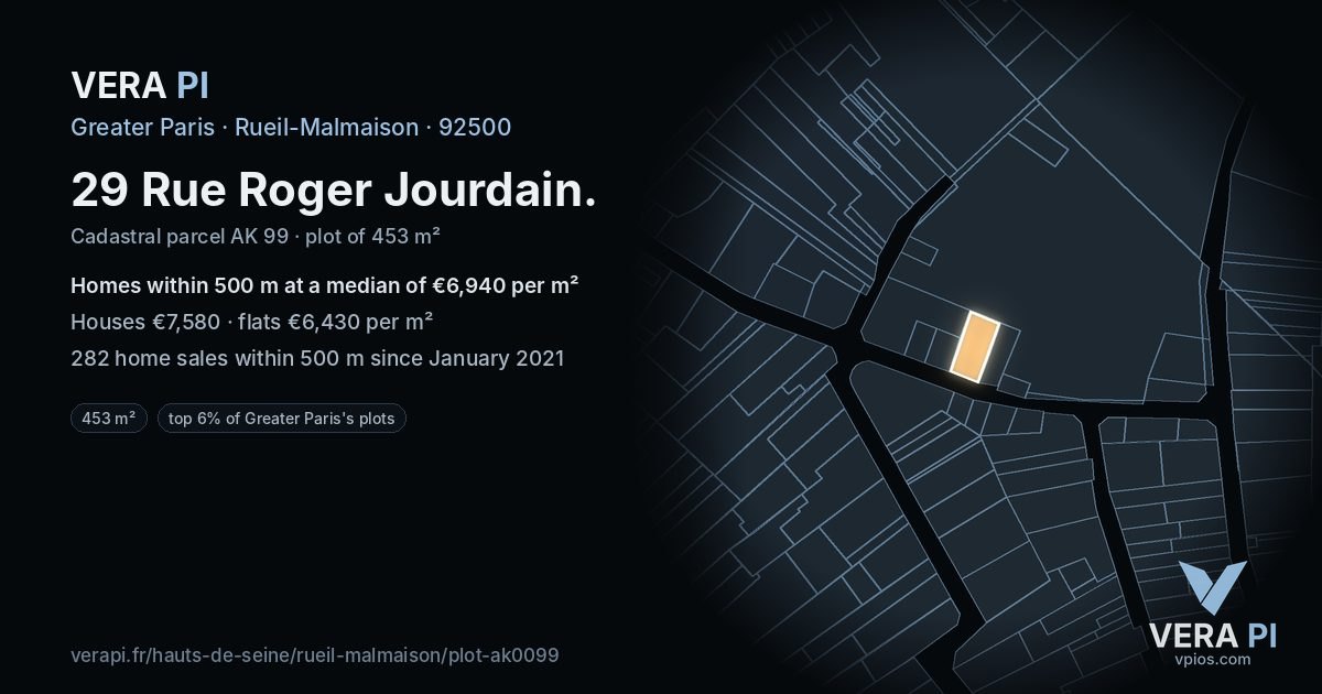 29 Rue Roger Jourdain, Rueil-Malmaison at night – the plot lit, the parcels around coloured by the prices near them