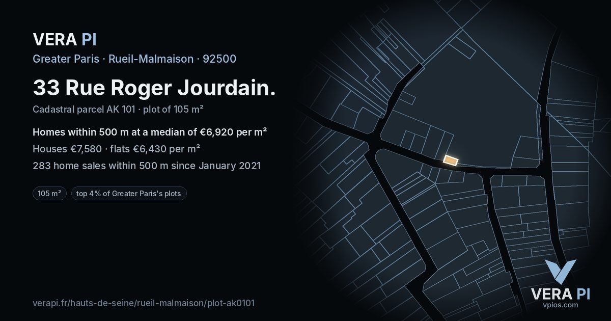 33 Rue Roger Jourdain, Rueil-Malmaison at night – the plot lit, the parcels around coloured by the prices near them