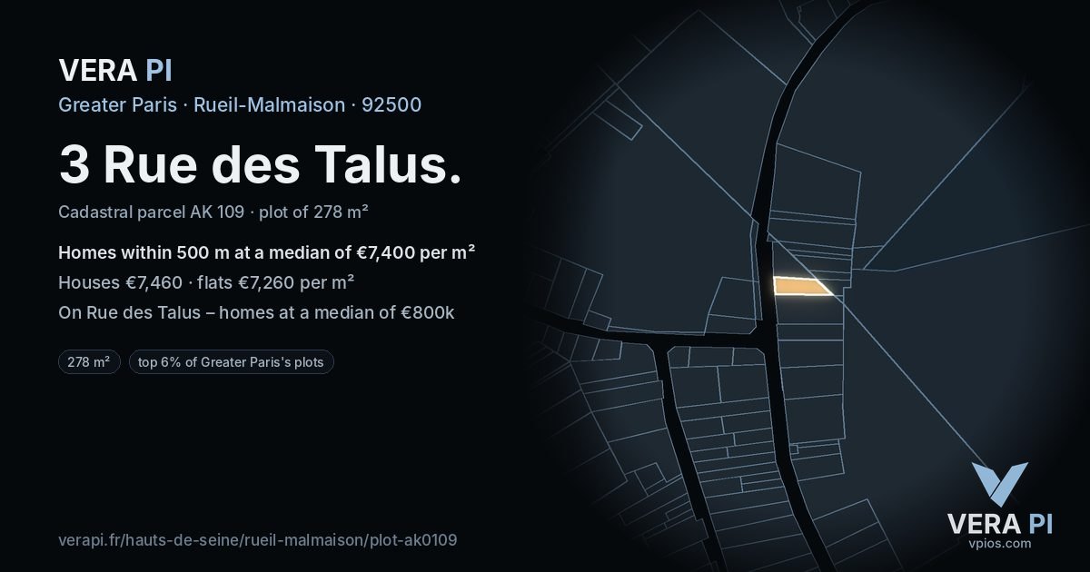 3 Rue des Talus, Rueil-Malmaison at night – the plot lit, the parcels around coloured by the prices near them