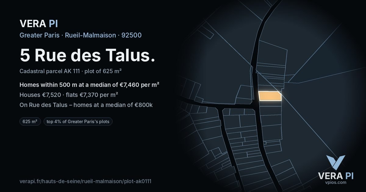 5 Rue des Talus, Rueil-Malmaison at night – the plot lit, the parcels around coloured by the prices near them