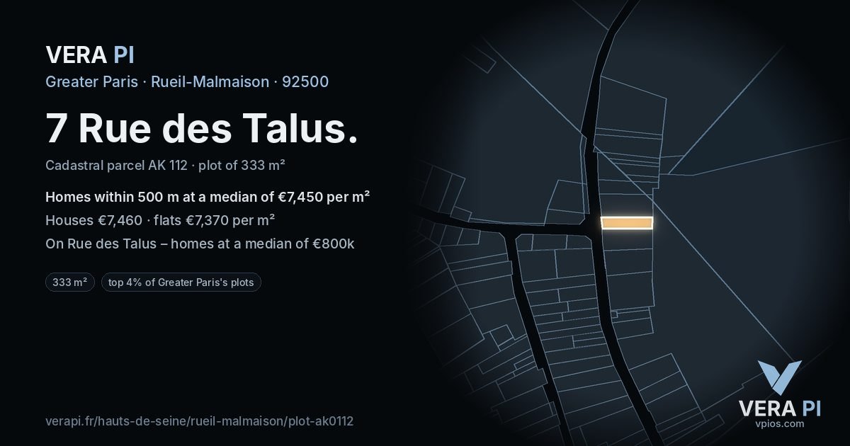 7 Rue des Talus, Rueil-Malmaison at night – the plot lit, the parcels around coloured by the prices near them