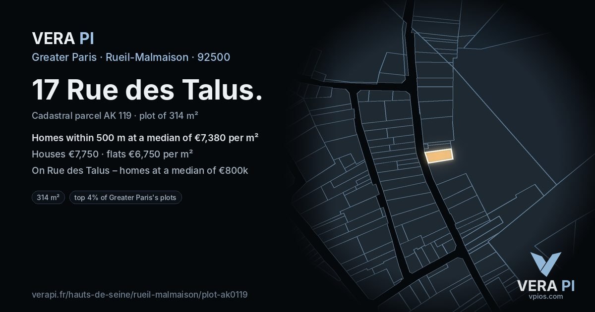 17 Rue des Talus, Rueil-Malmaison at night – the plot lit, the parcels around coloured by the prices near them
