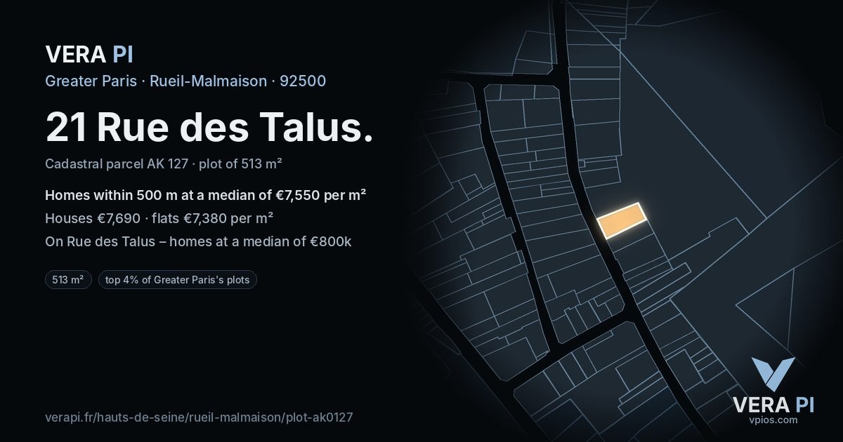 21 Rue des Talus, Rueil-Malmaison at night – the plot lit, the parcels around coloured by the prices near them