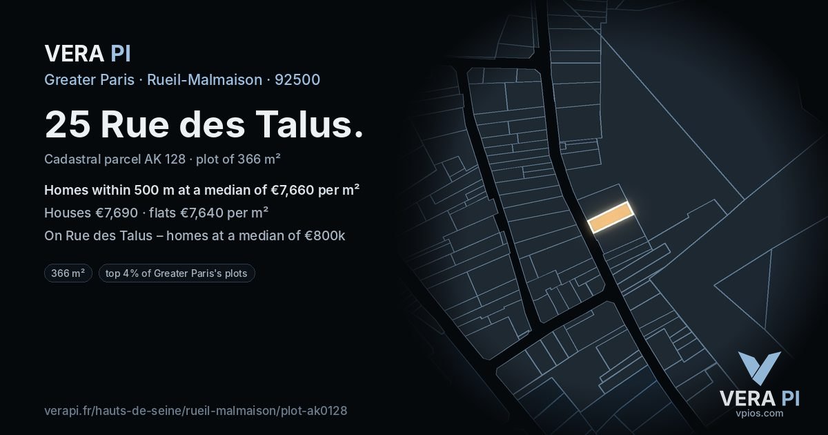 25 Rue des Talus, Rueil-Malmaison at night – the plot lit, the parcels around coloured by the prices near them