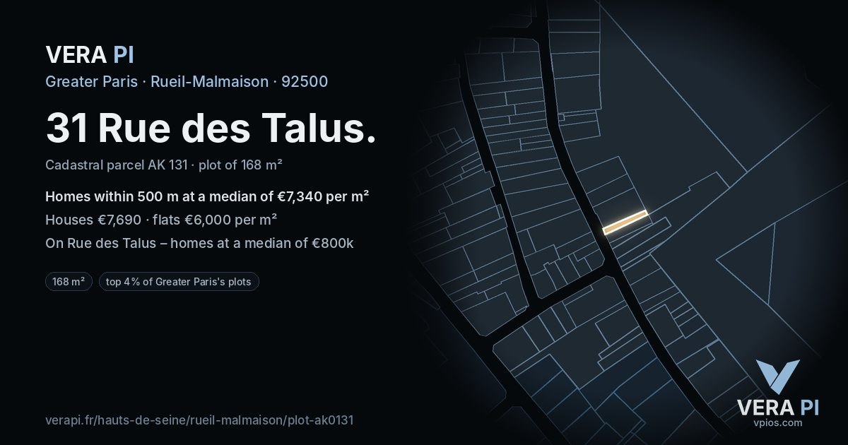 31 Rue des Talus, Rueil-Malmaison at night – the plot lit, the parcels around coloured by the prices near them
