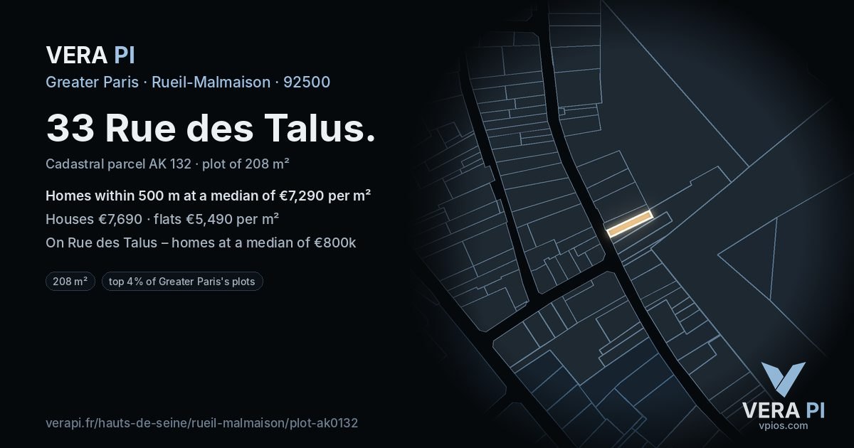 33 Rue des Talus, Rueil-Malmaison at night – the plot lit, the parcels around coloured by the prices near them