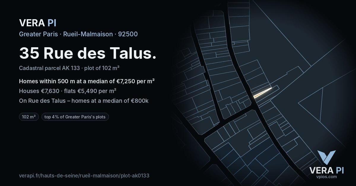 35 Rue des Talus, Rueil-Malmaison at night – the plot lit, the parcels around coloured by the prices near them