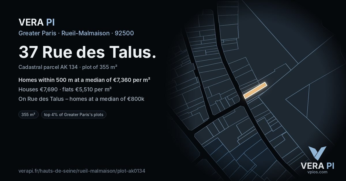 37 Rue des Talus, Rueil-Malmaison at night – the plot lit, the parcels around coloured by the prices near them