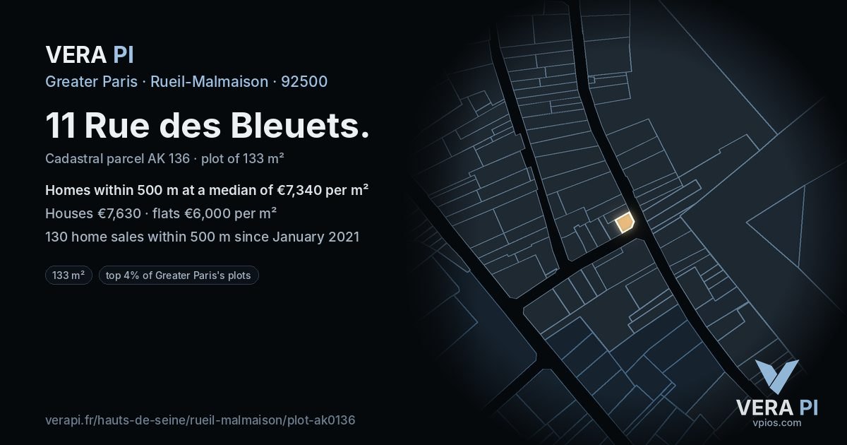 11 Rue des Bleuets, Rueil-Malmaison at night – the plot lit, the parcels around coloured by the prices near them