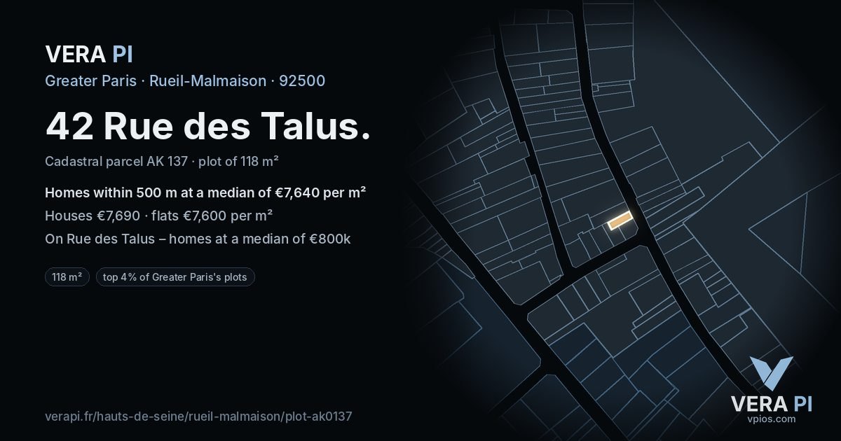 42 Rue des Talus, Rueil-Malmaison at night – the plot lit, the parcels around coloured by the prices near them