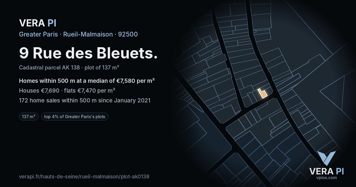9 Rue des Bleuets, Rueil-Malmaison at night – the plot lit, the parcels around coloured by the prices near them