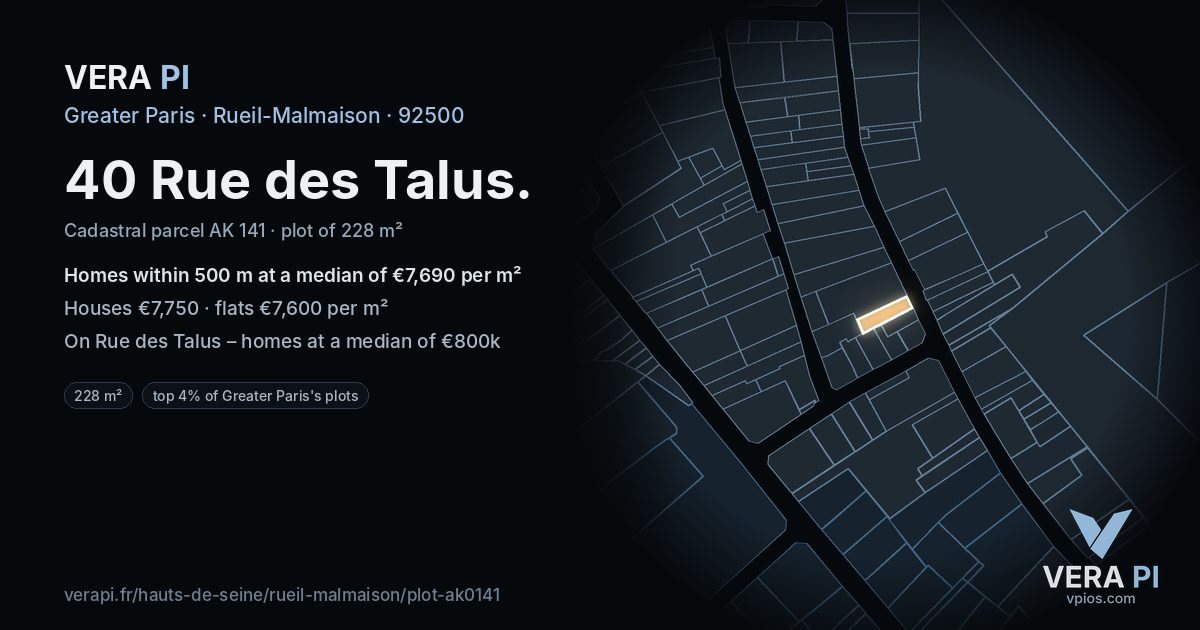 40 Rue des Talus, Rueil-Malmaison at night – the plot lit, the parcels around coloured by the prices near them