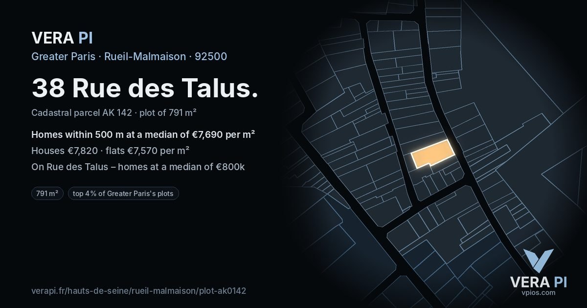 38 Rue des Talus, Rueil-Malmaison at night – the plot lit, the parcels around coloured by the prices near them