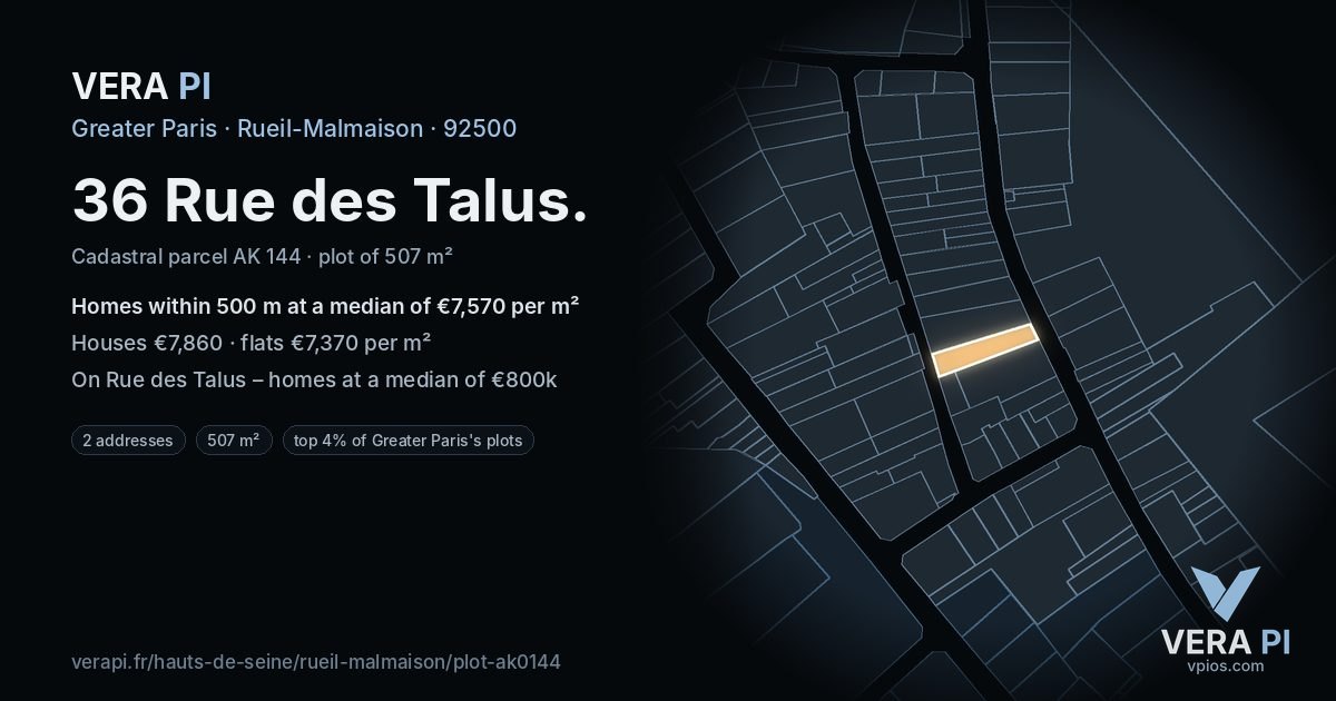 36 Rue des Talus, Rueil-Malmaison at night – the plot lit, the parcels around coloured by the prices near them