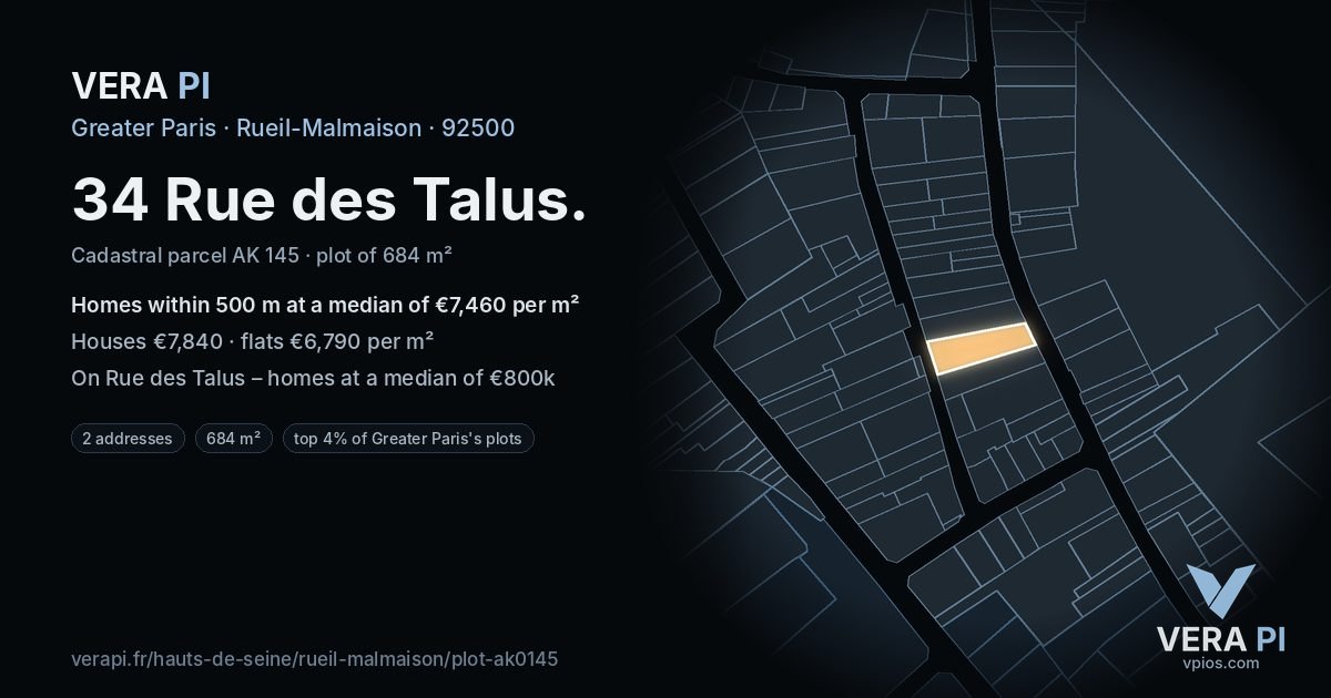 34 Rue des Talus, Rueil-Malmaison at night – the plot lit, the parcels around coloured by the prices near them