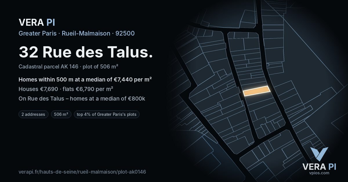 32 Rue des Talus, Rueil-Malmaison at night – the plot lit, the parcels around coloured by the prices near them