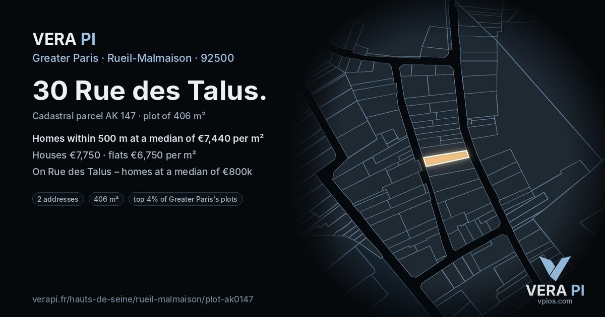 30 Rue des Talus, Rueil-Malmaison at night – the plot lit, the parcels around coloured by the prices near them