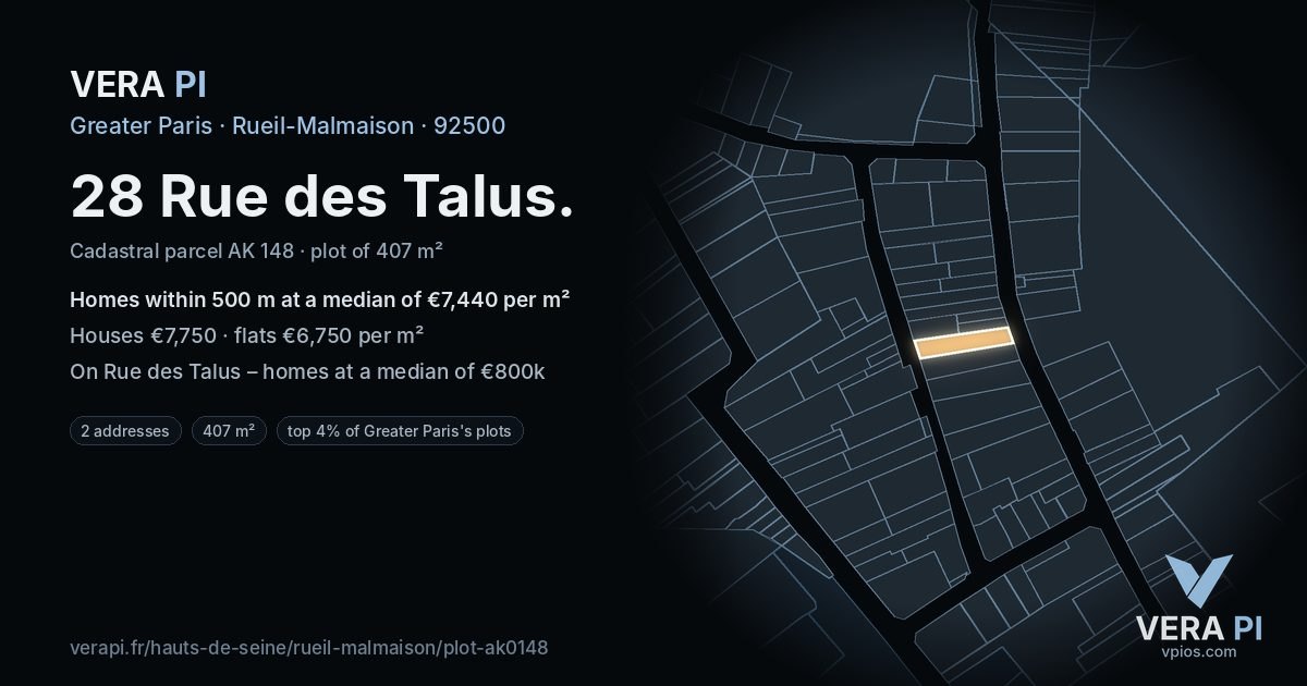 28 Rue des Talus, Rueil-Malmaison at night – the plot lit, the parcels around coloured by the prices near them