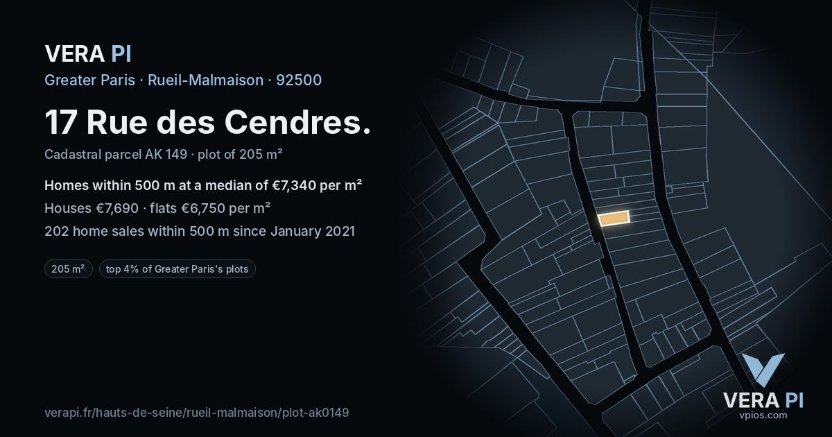 17 Rue des Cendres, Rueil-Malmaison at night – the plot lit, the parcels around coloured by the prices near them