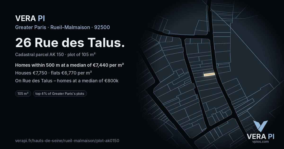 26 Rue des Talus, Rueil-Malmaison at night – the plot lit, the parcels around coloured by the prices near them