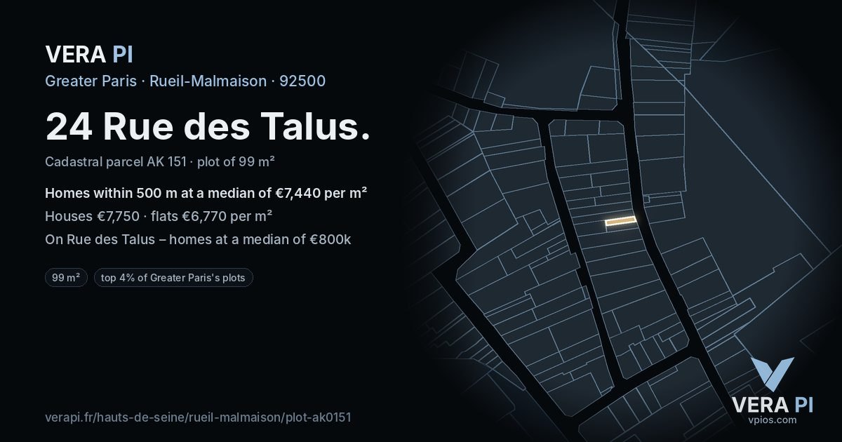 24 Rue des Talus, Rueil-Malmaison at night – the plot lit, the parcels around coloured by the prices near them