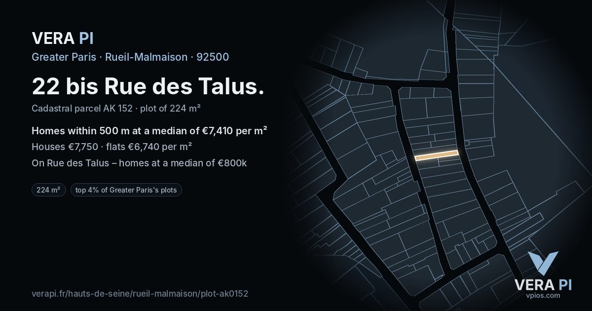 22 bis Rue des Talus, Rueil-Malmaison at night – the plot lit, the parcels around coloured by the prices near them