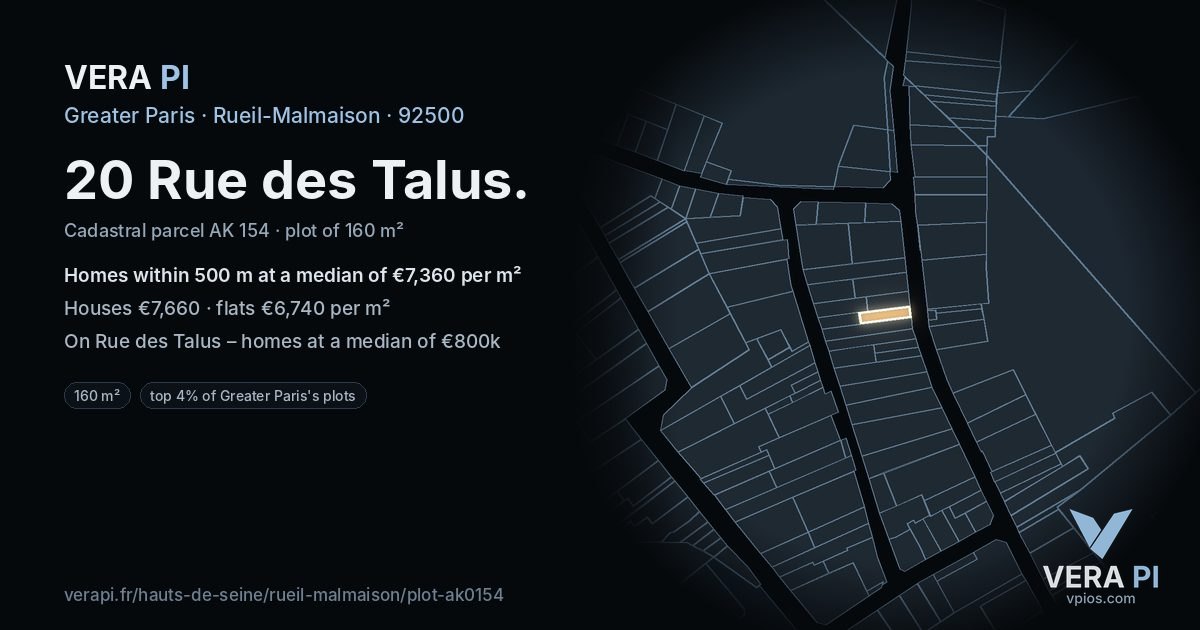 20 Rue des Talus, Rueil-Malmaison at night – the plot lit, the parcels around coloured by the prices near them