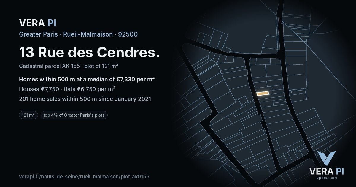 13 Rue des Cendres, Rueil-Malmaison at night – the plot lit, the parcels around coloured by the prices near them