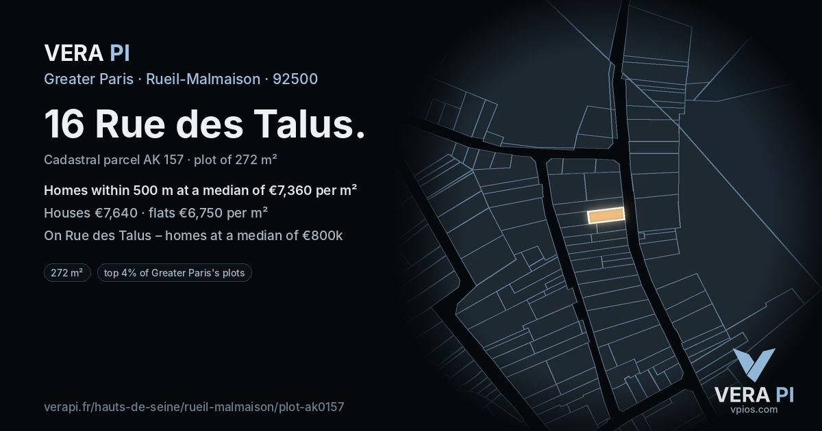 16 Rue des Talus, Rueil-Malmaison at night – the plot lit, the parcels around coloured by the prices near them