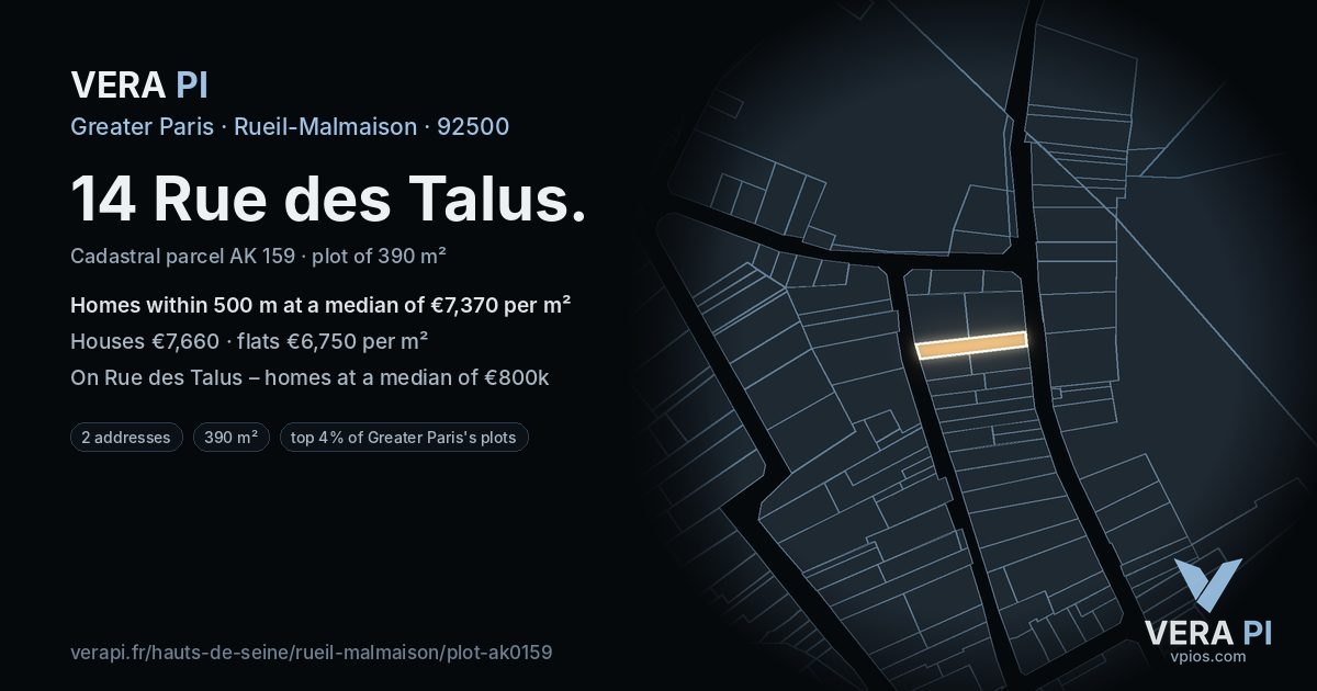 14 Rue des Talus, Rueil-Malmaison at night – the plot lit, the parcels around coloured by the prices near them