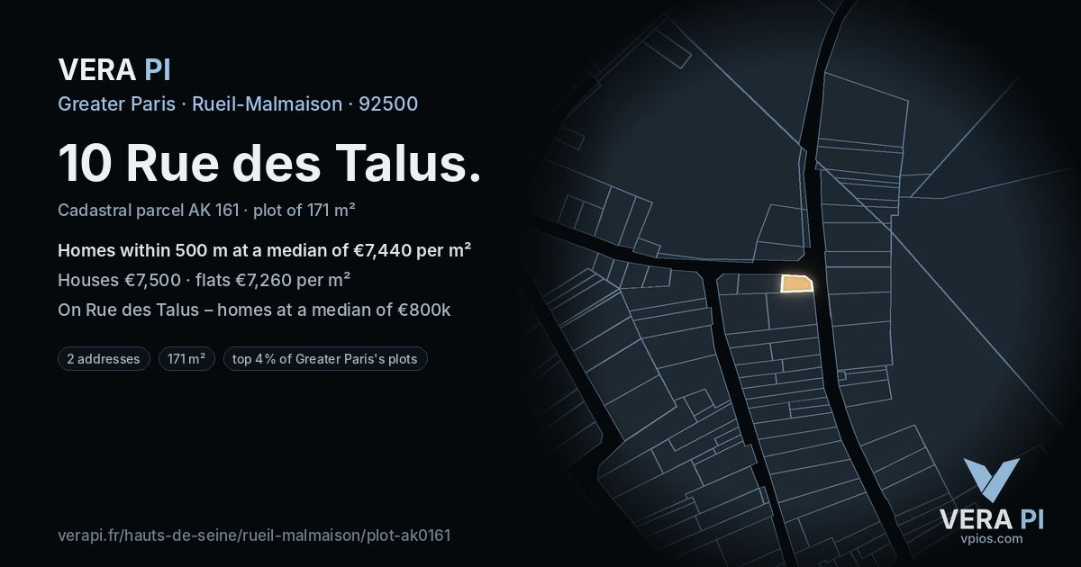 10 Rue des Talus, Rueil-Malmaison at night – the plot lit, the parcels around coloured by the prices near them