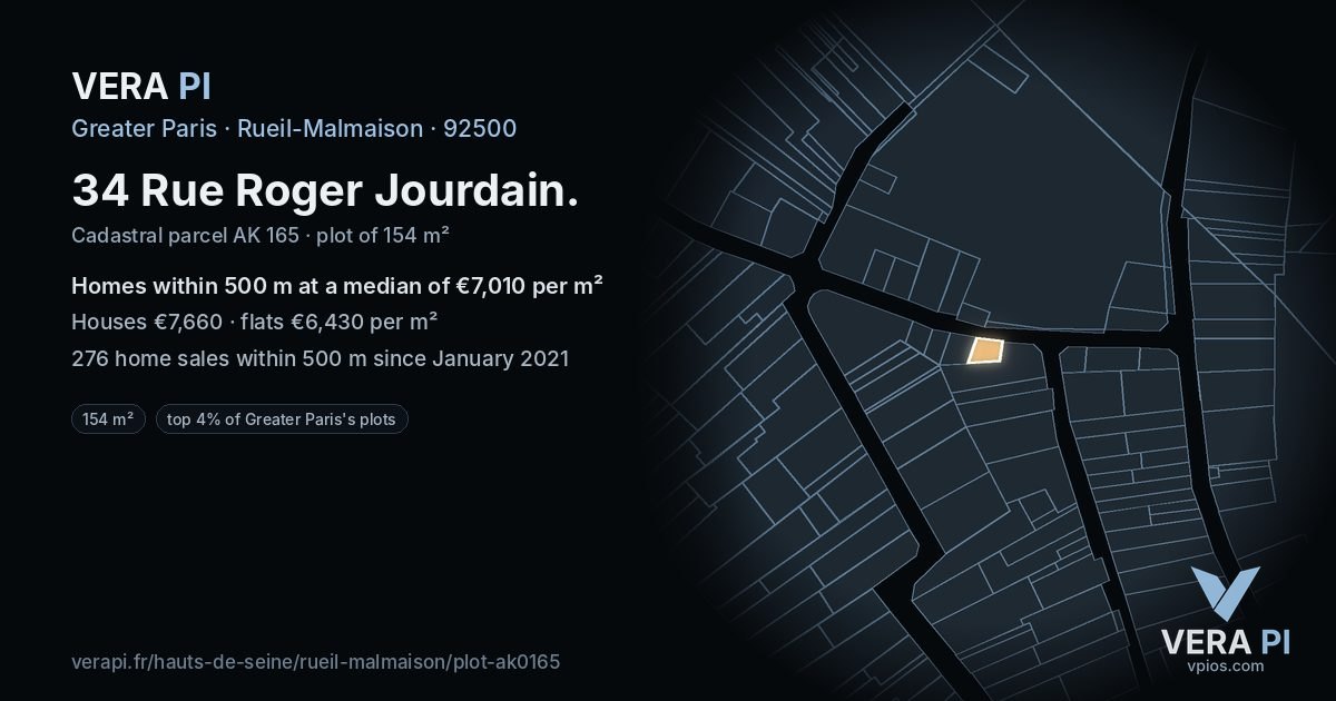 34 Rue Roger Jourdain, Rueil-Malmaison at night – the plot lit, the parcels around coloured by the prices near them