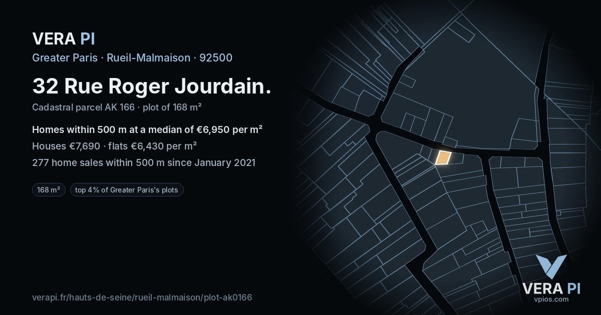 32 Rue Roger Jourdain, Rueil-Malmaison at night – the plot lit, the parcels around coloured by the prices near them
