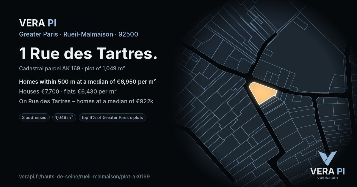 1 Rue des Tartres, Rueil-Malmaison at night – the plot lit, the parcels around coloured by the prices near them
