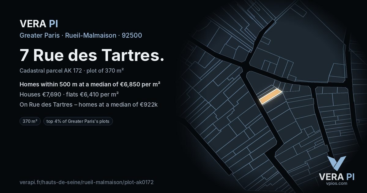 7 Rue des Tartres, Rueil-Malmaison at night – the plot lit, the parcels around coloured by the prices near them