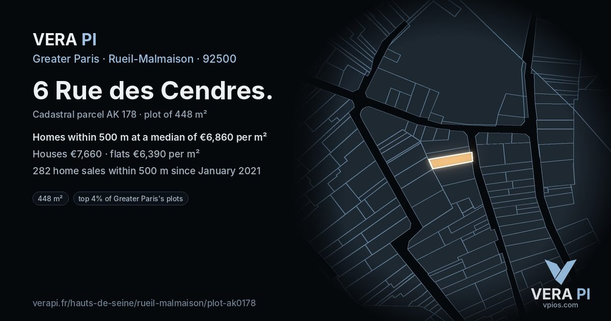 6 Rue des Cendres, Rueil-Malmaison at night – the plot lit, the parcels around coloured by the prices near them