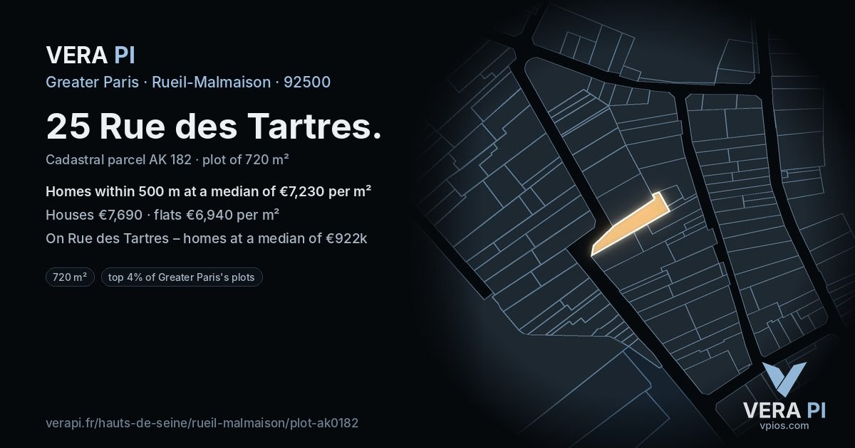 25 Rue des Tartres, Rueil-Malmaison at night – the plot lit, the parcels around coloured by the prices near them