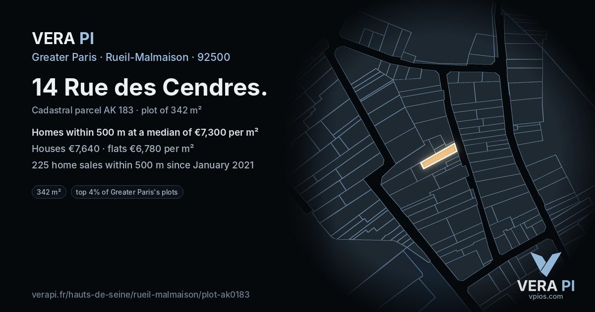 14 Rue des Cendres, Rueil-Malmaison at night – the plot lit, the parcels around coloured by the prices near them