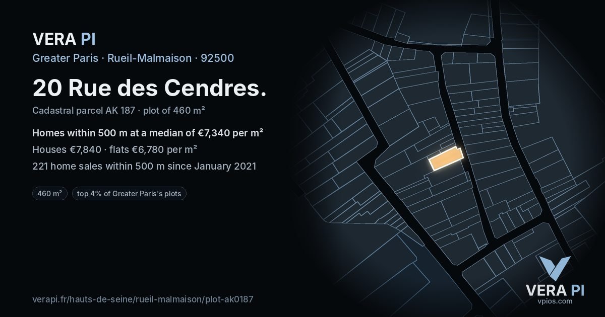 20 Rue des Cendres, Rueil-Malmaison at night – the plot lit, the parcels around coloured by the prices near them