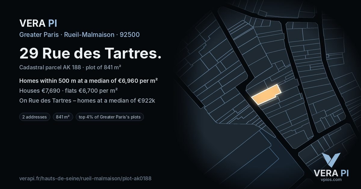 29 Rue des Tartres, Rueil-Malmaison at night – the plot lit, the parcels around coloured by the prices near them