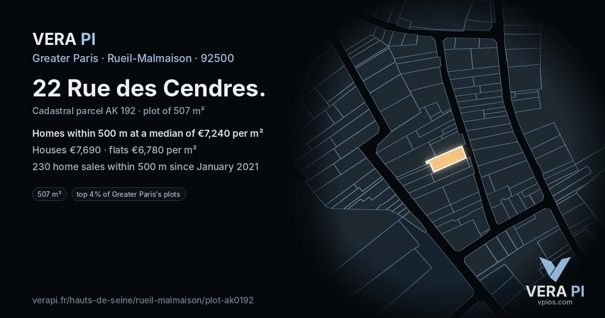 22 Rue des Cendres, Rueil-Malmaison at night – the plot lit, the parcels around coloured by the prices near them