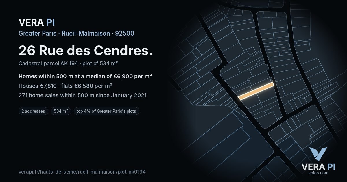 26 Rue des Cendres, Rueil-Malmaison at night – the plot lit, the parcels around coloured by the prices near them