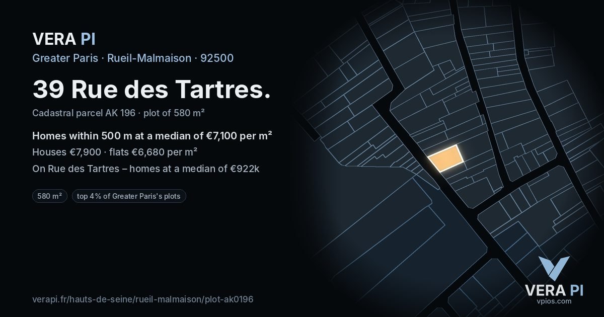 39 Rue des Tartres, Rueil-Malmaison at night – the plot lit, the parcels around coloured by the prices near them