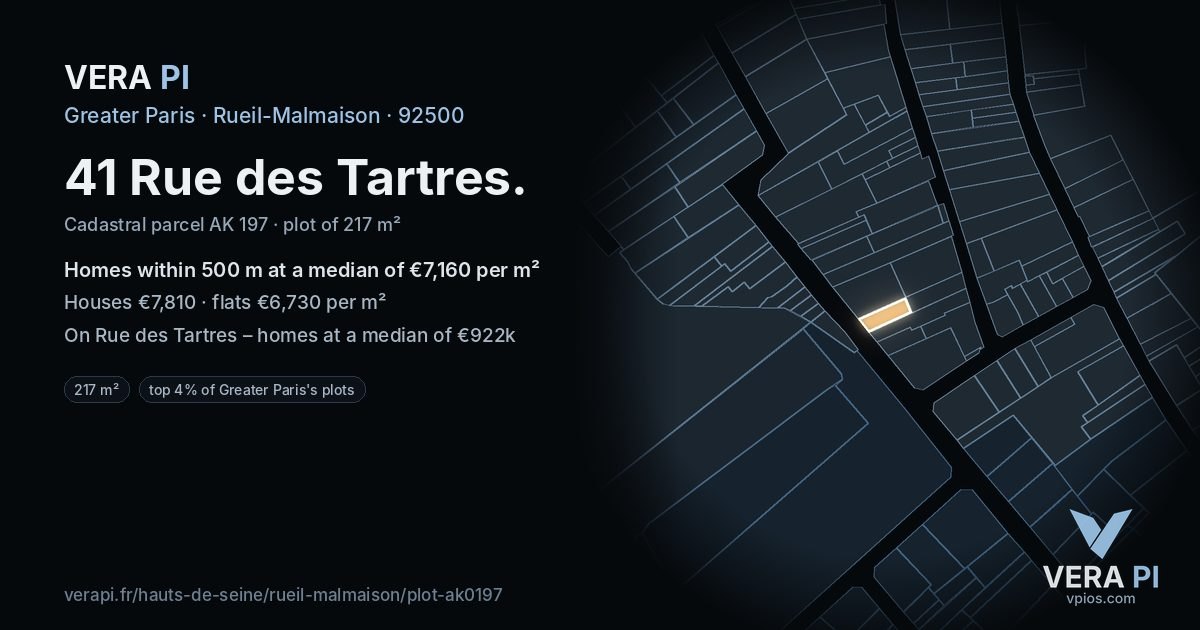 41 Rue des Tartres, Rueil-Malmaison at night – the plot lit, the parcels around coloured by the prices near them