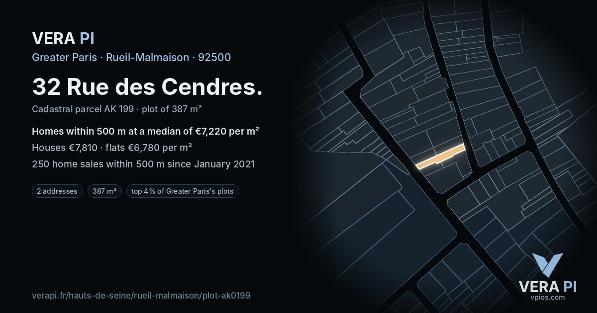 32 Rue des Cendres, Rueil-Malmaison at night – the plot lit, the parcels around coloured by the prices near them