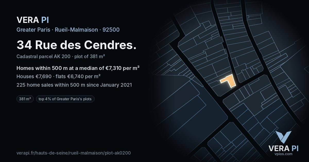 34 Rue des Cendres, Rueil-Malmaison at night – the plot lit, the parcels around coloured by the prices near them