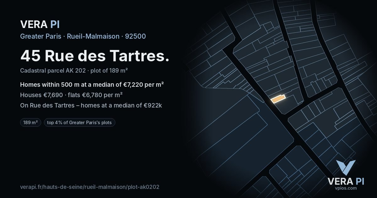 45 Rue des Tartres, Rueil-Malmaison at night – the plot lit, the parcels around coloured by the prices near them