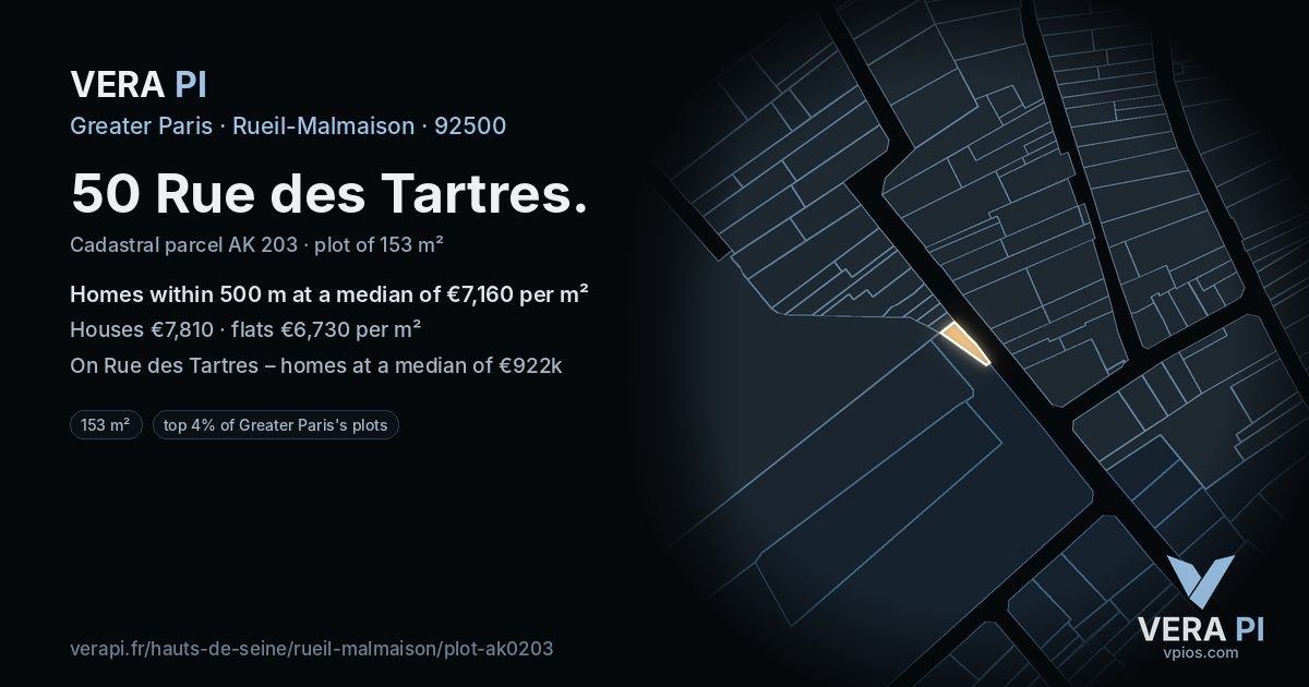 50 Rue des Tartres, Rueil-Malmaison at night – the plot lit, the parcels around coloured by the prices near them